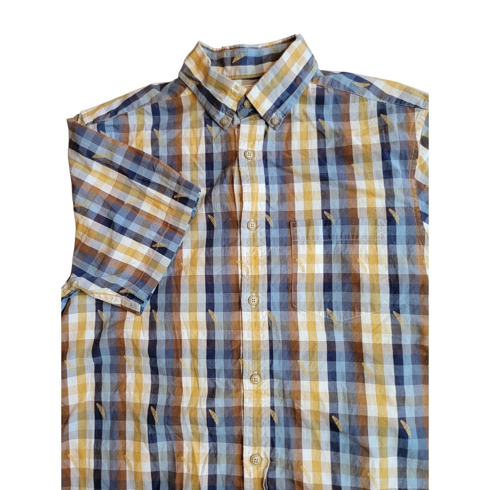 ROWM Button Down Shirt Mens M Blue Yellow Plaid Excellent Feather Embroidered